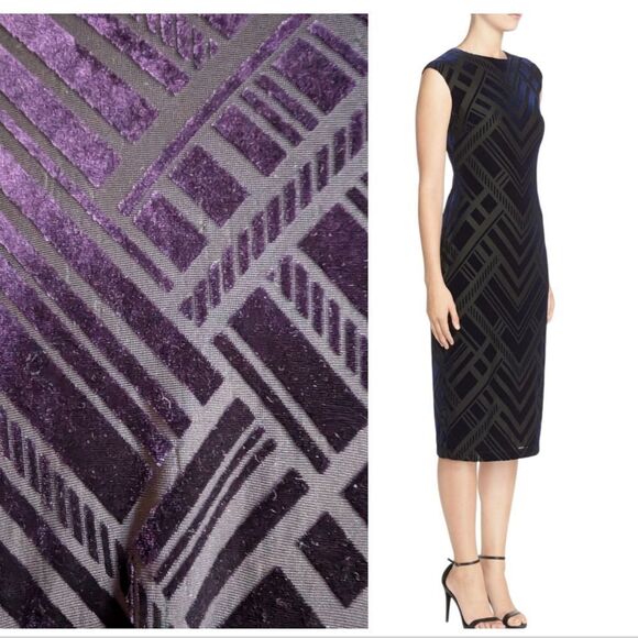 Vince Camuto Burnout Velvet Art Deco Deep Purple Sheath Midi Dress Size 10 - Picture 1 of 11